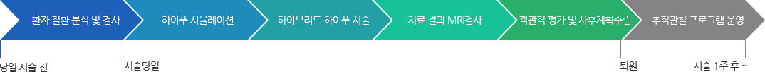 환자 질환 분석 및 검사 하이푸 시뮬레이션 하이브리드 하이푸 시술 치료 결과 MRI검사 객관적 평가 및 사후계획수립 추적관찰 프로그램 운영